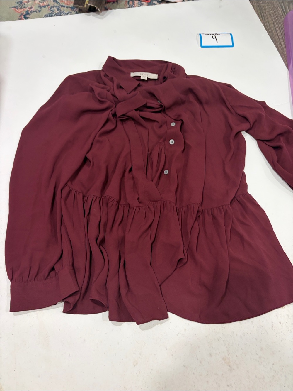 LOFT Burgundy Tie-Neck Peplum Blouse